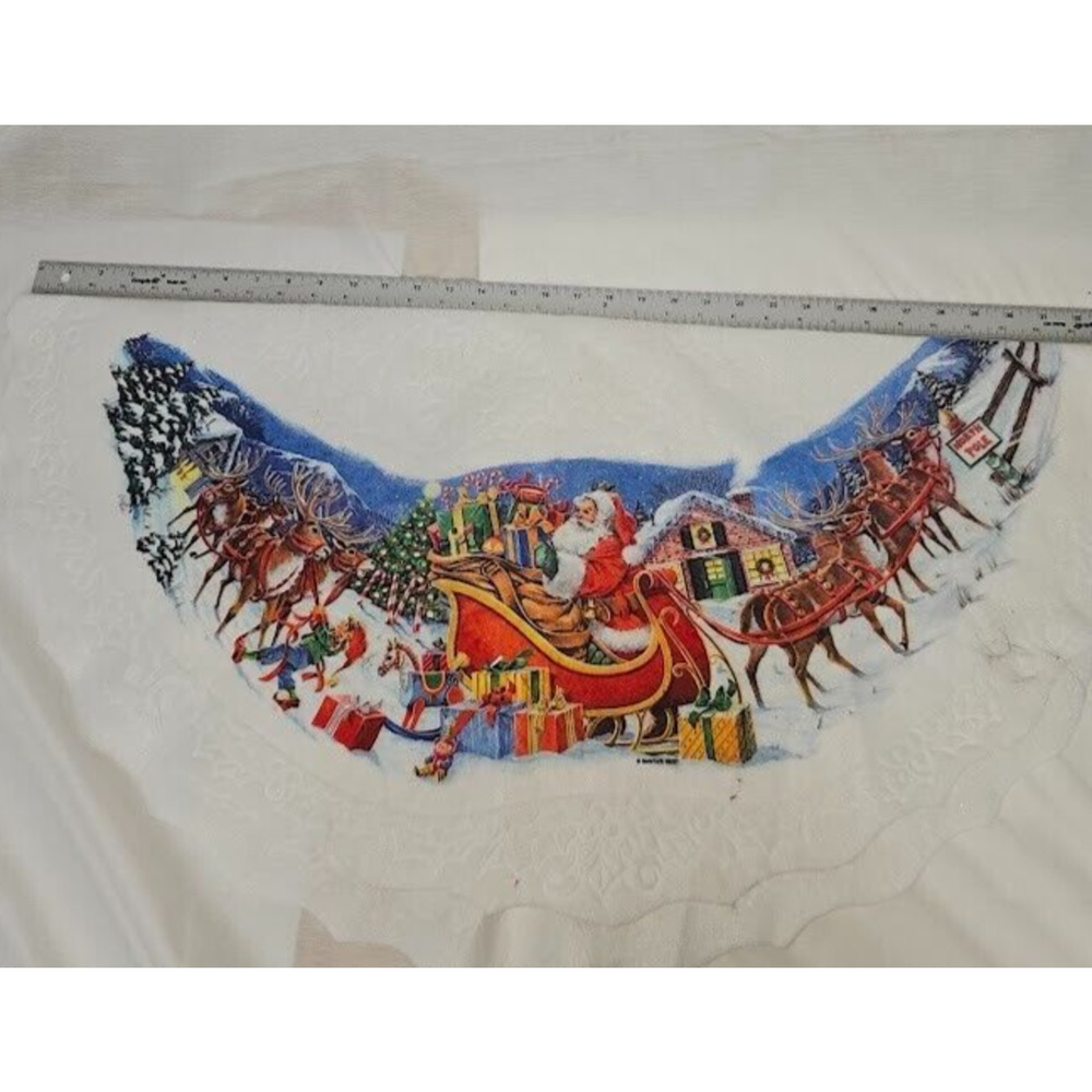 Vintage Santa's Best Felt Christmas Table Skirt Cloth Reindeer Sleigh Elves 34"